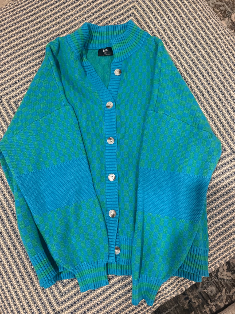 Turquoise & Teal Checker Knit Button Cardigan